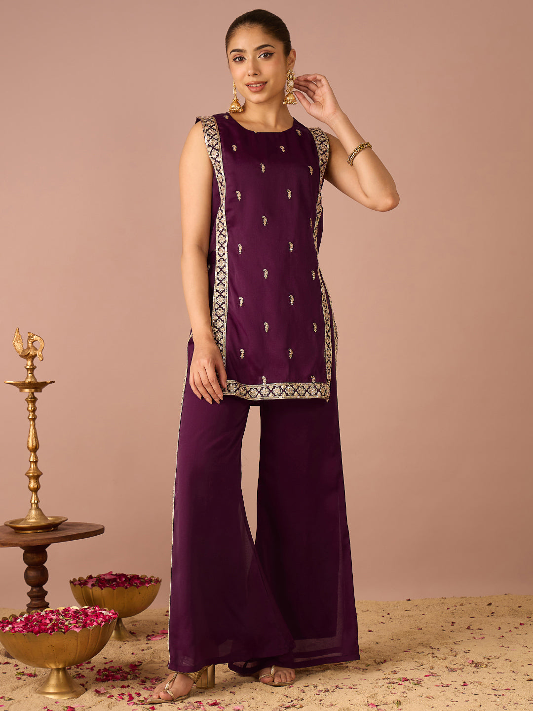 Janasya Women's Wine Georgette Sequins Zari Embroidered Straight Co-Ord Set