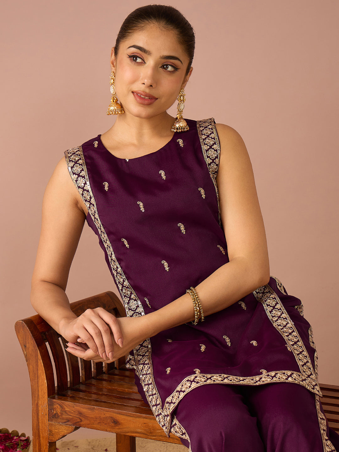 Janasya Women's Wine Georgette Sequins Zari Embroidered Straight Co-Ord Set