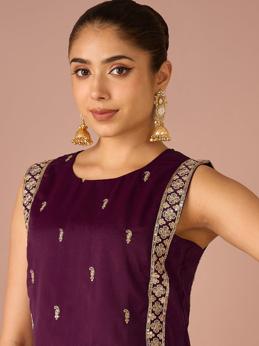 Janasya Women's Wine Georgette Sequins Zari Embroidered Straight Co-Ord Set