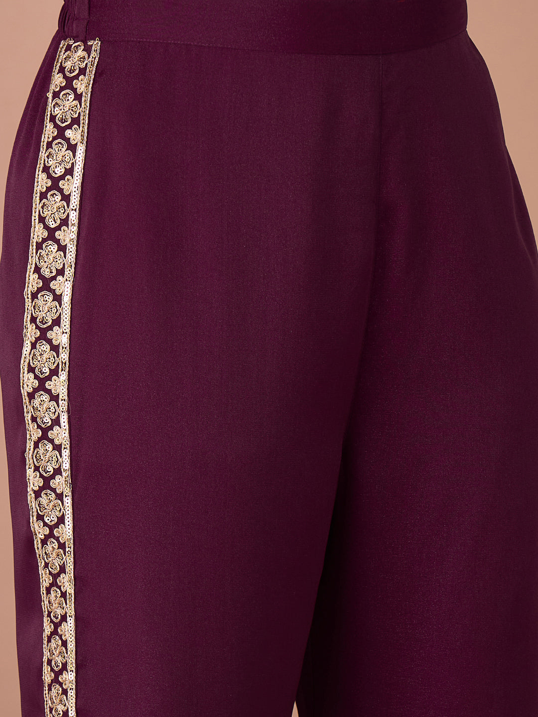 Janasya Women's Wine Georgette Sequins Zari Embroidered Straight Co-Ord Set