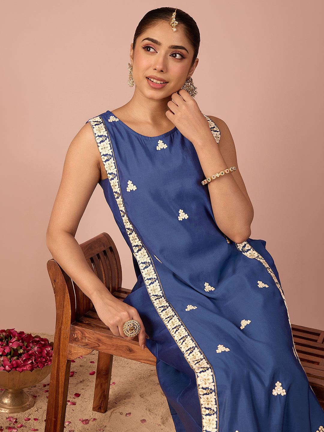 Janasya Women's Navy Blue Chanderi Silk Floral Sequins And Zari Embroidered Straight Kurta Pant Set