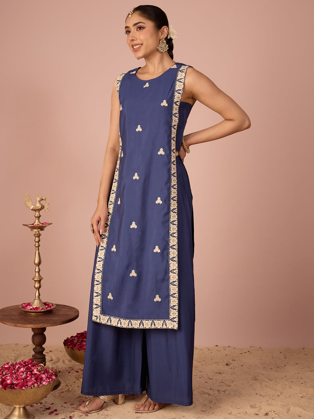Janasya Women's Navy Blue Chanderi Silk Floral Sequins And Zari Embroidered Straight Kurta Pant Set