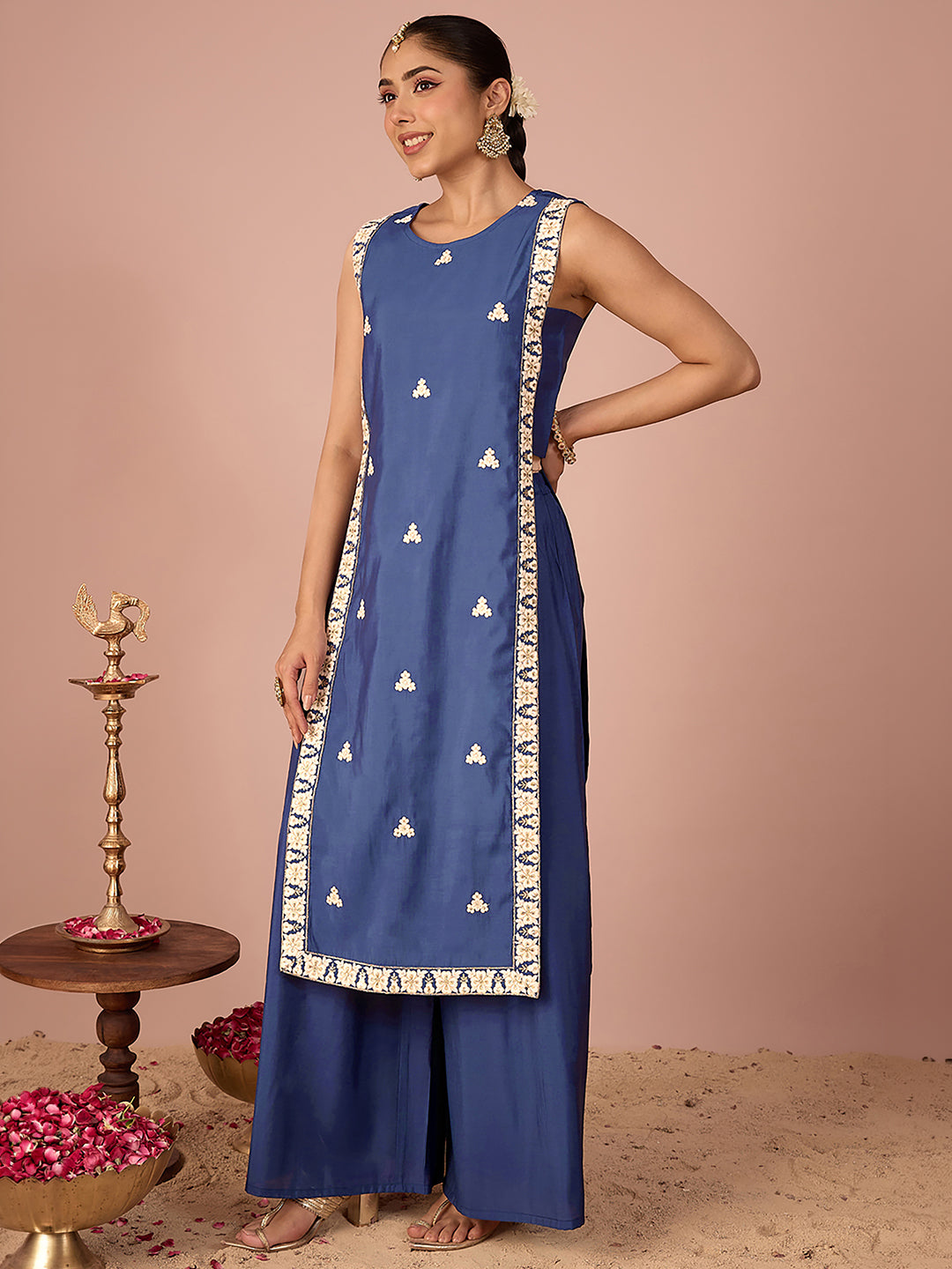 Janasya Women's Navy Blue Chanderi Silk Floral Sequins And Zari Embroidered Straight Kurta Pant Set