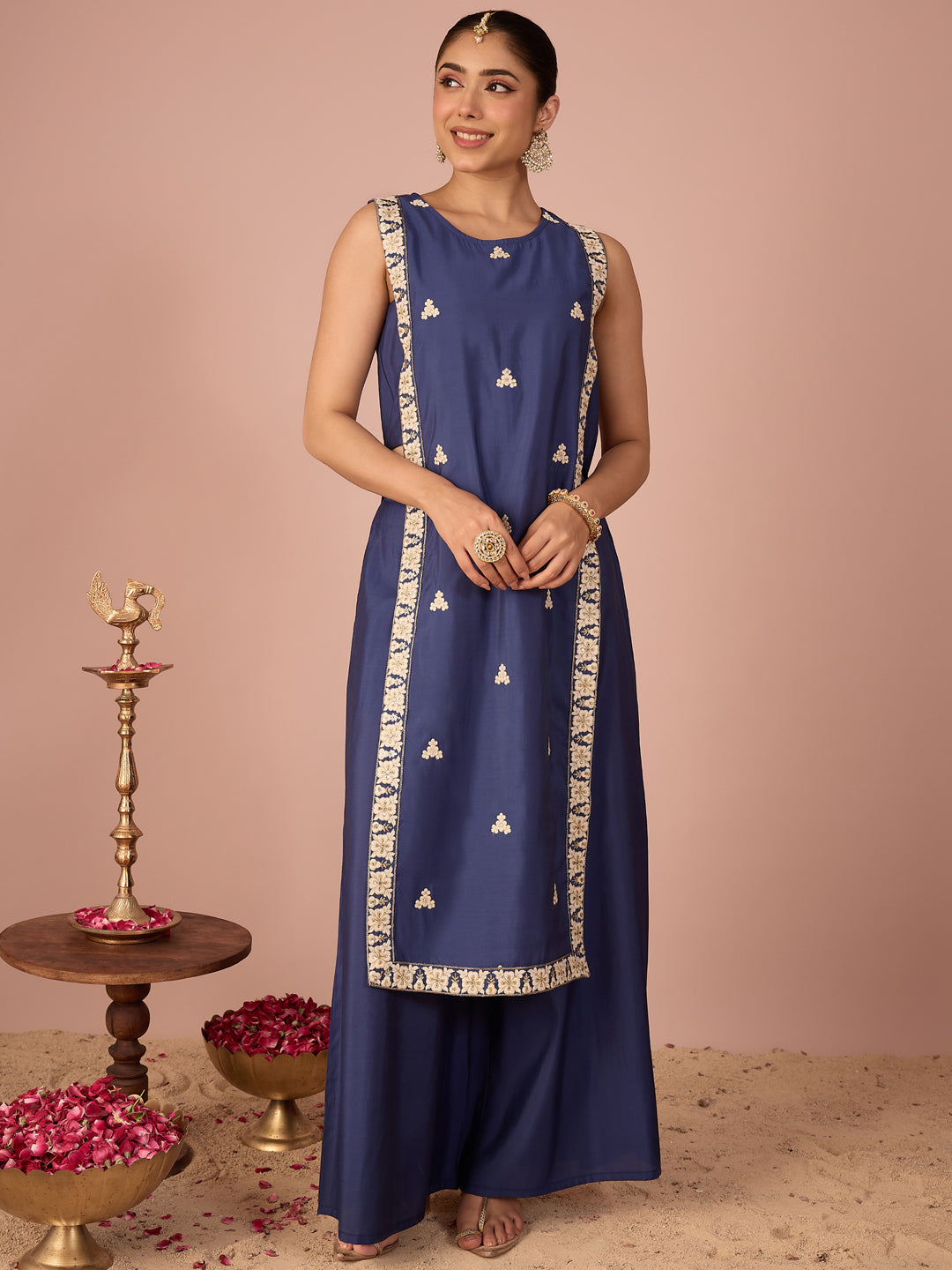 Janasya Women's Navy Blue Chanderi Silk Floral Sequins And Zari Embroidered Straight Kurta Pant Set
