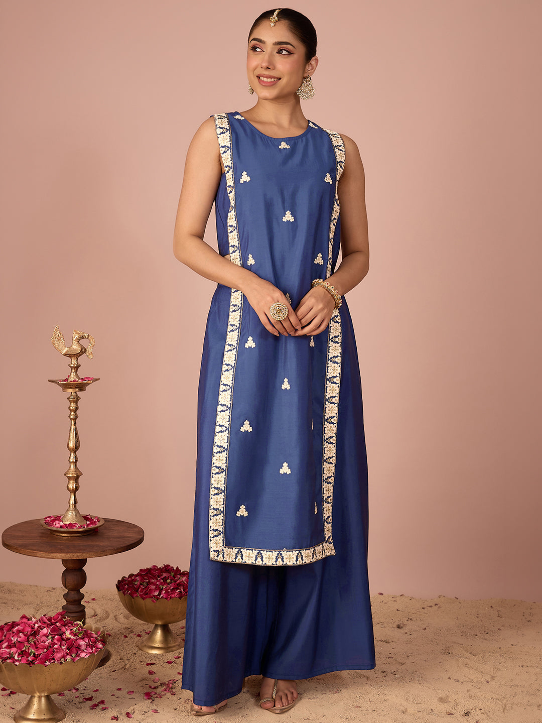Janasya Women's Navy Blue Chanderi Silk Floral Sequins And Zari Embroidered Straight Kurta Pant Set