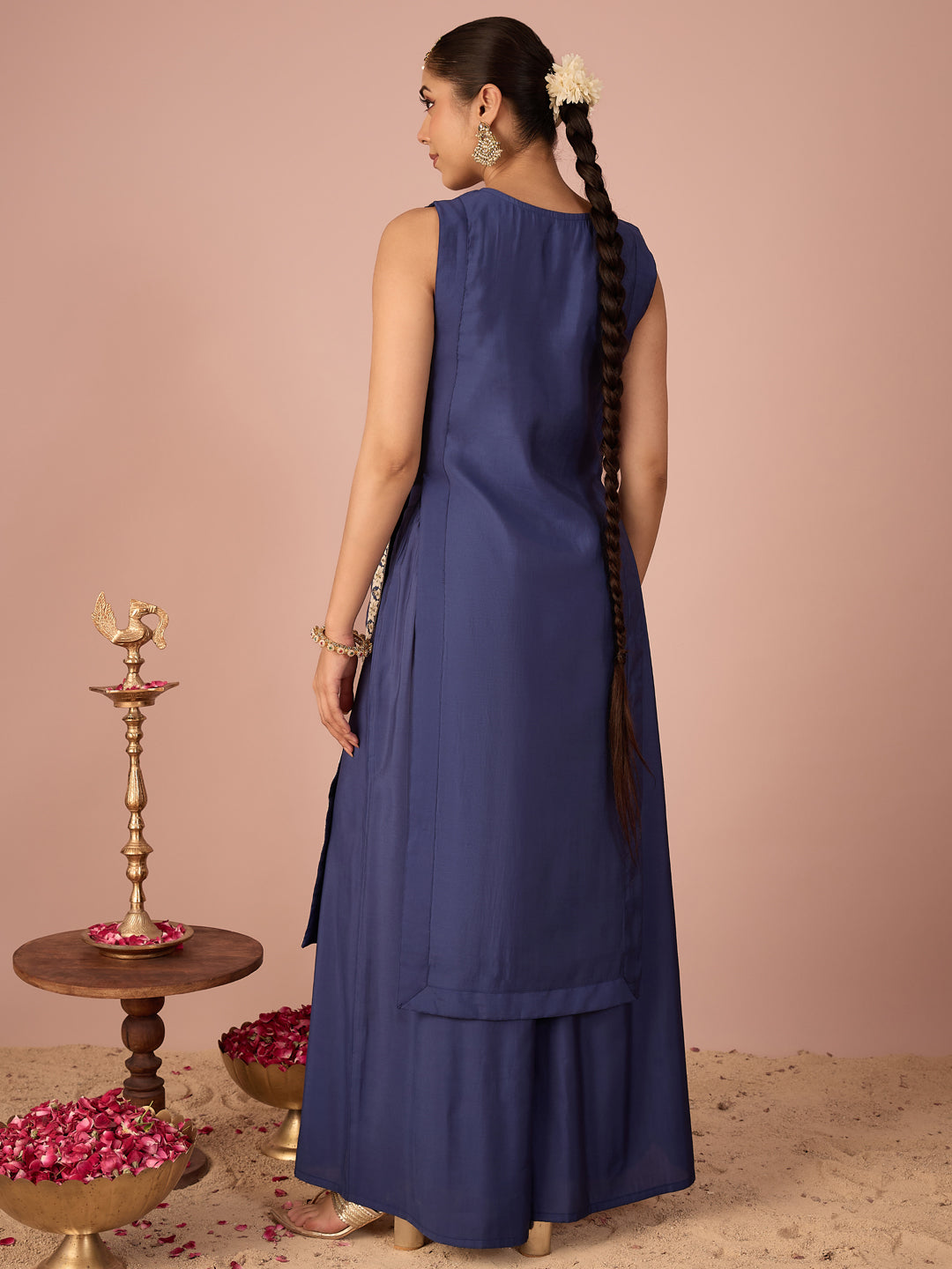 Janasya Women's Navy Blue Chanderi Silk Floral Sequins And Zari Embroidered Straight Kurta Pant Set