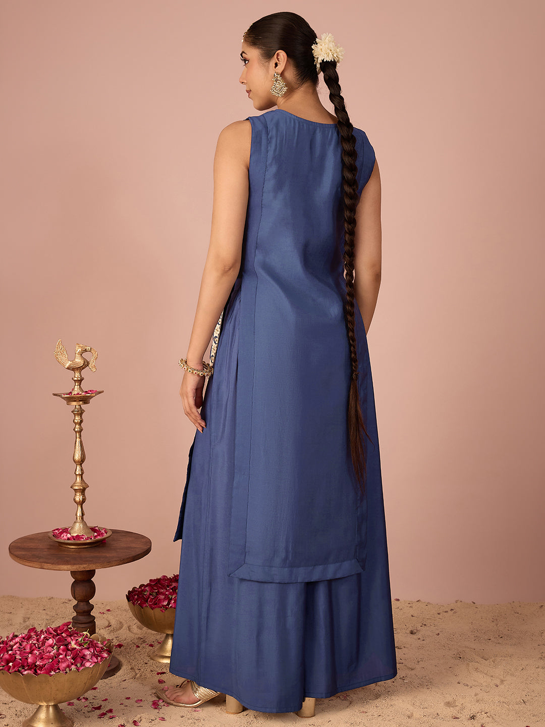 Janasya Women's Navy Blue Chanderi Silk Floral Sequins And Zari Embroidered Straight Kurta Pant Set