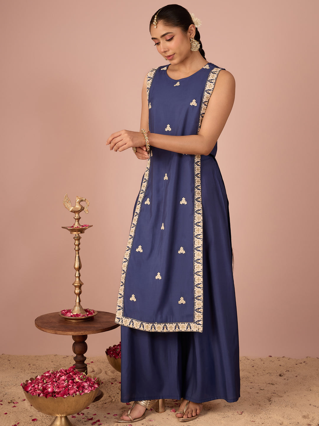 Janasya Women's Navy Blue Chanderi Silk Floral Sequins And Zari Embroidered Straight Kurta Pant Set