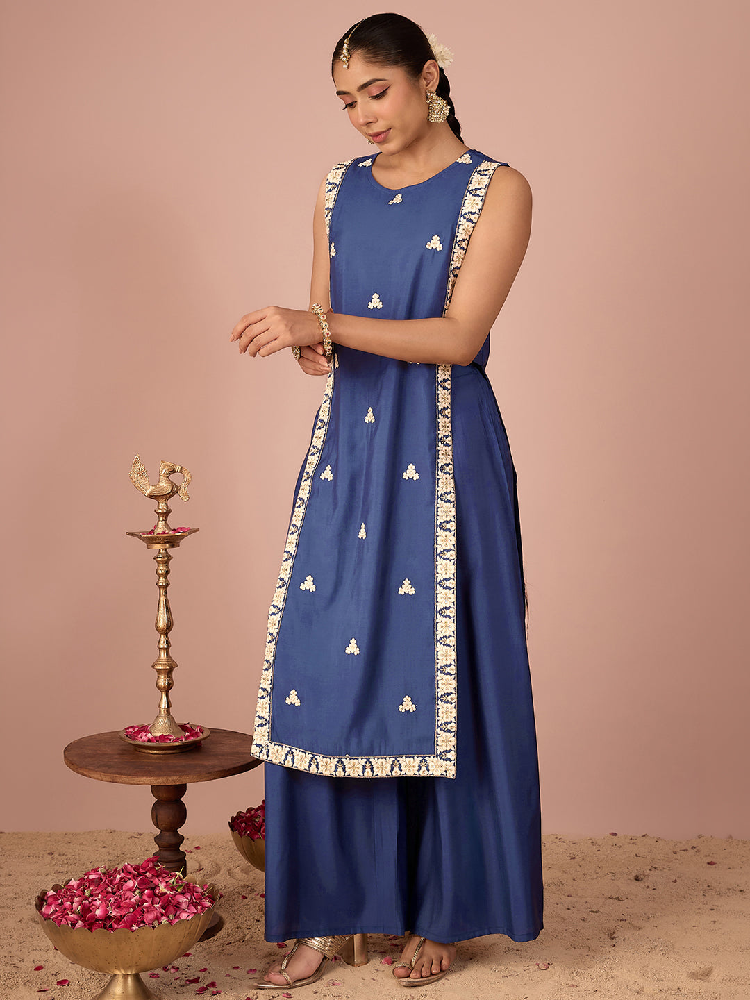 Janasya Women's Navy Blue Chanderi Silk Floral Sequins And Zari Embroidered Straight Kurta Pant Set