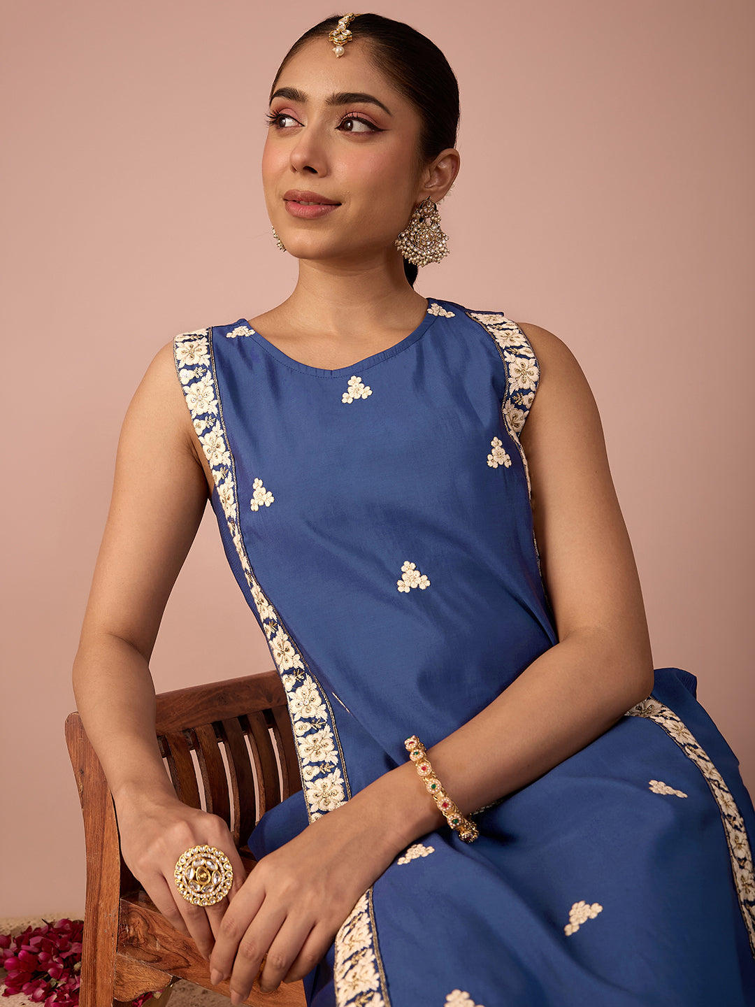 Janasya Women's Navy Blue Chanderi Silk Floral Sequins And Zari Embroidered Straight Kurta Pant Set