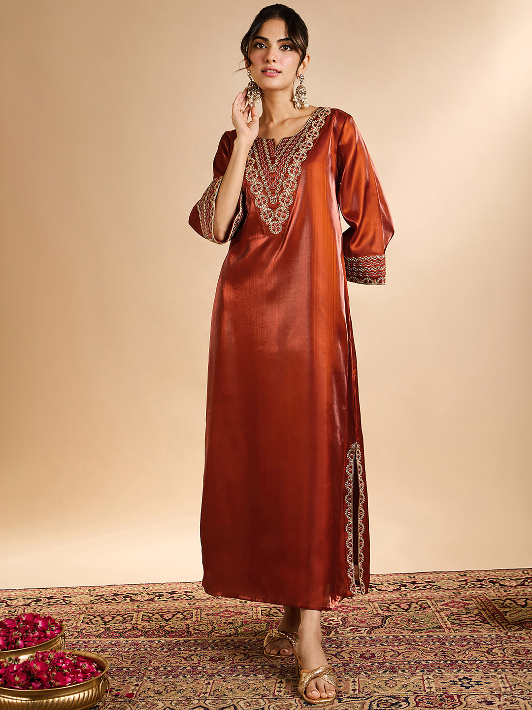 Janasya Women's Rust Silk Blend Sequins Zari Yoke Embroidered Straight Kaftan Kurta