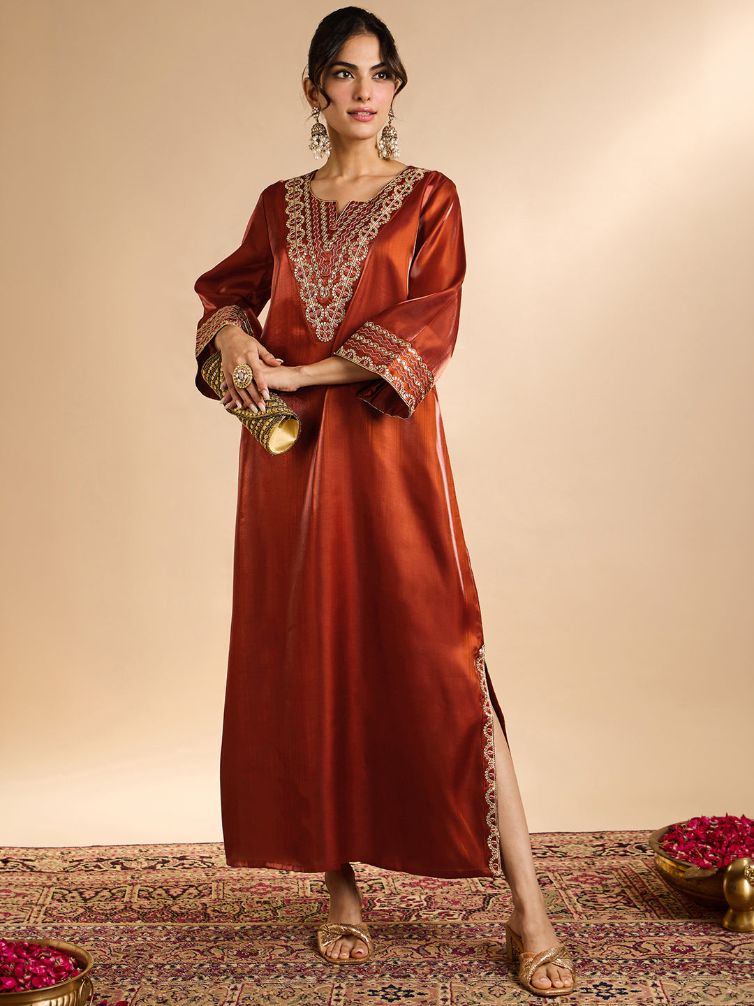 Janasya Women's Rust Silk Blend Sequins Zari Yoke Embroidered Straight Kaftan Kurta