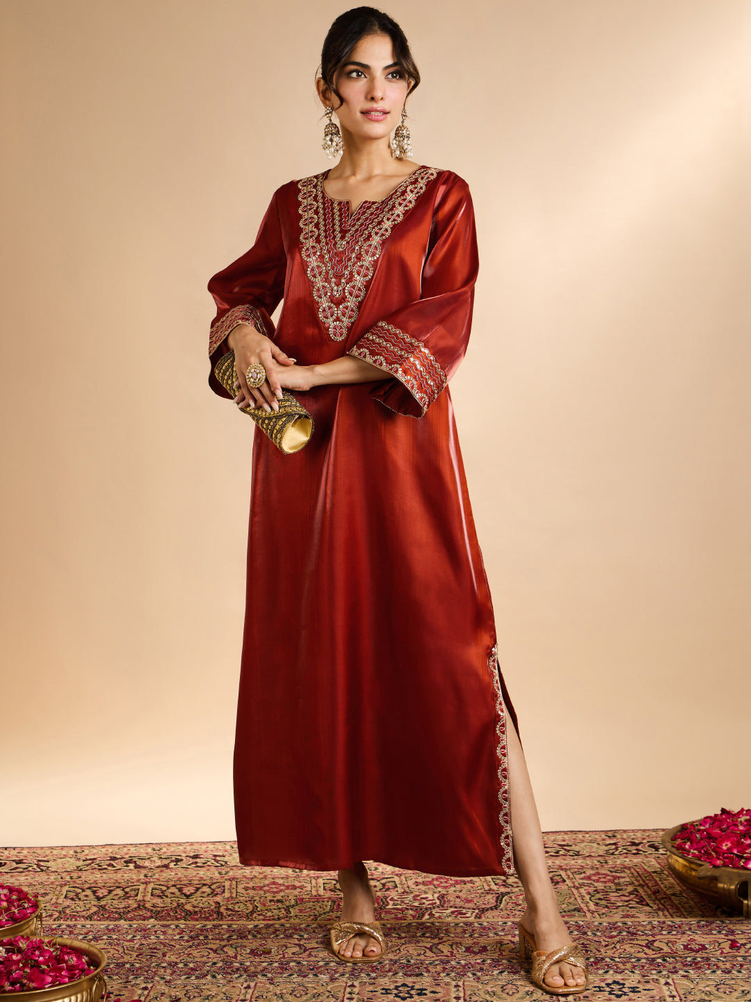 Janasya Women's Rust Silk Blend Sequins Zari Yoke Embroidered Straight Kaftan Kurta