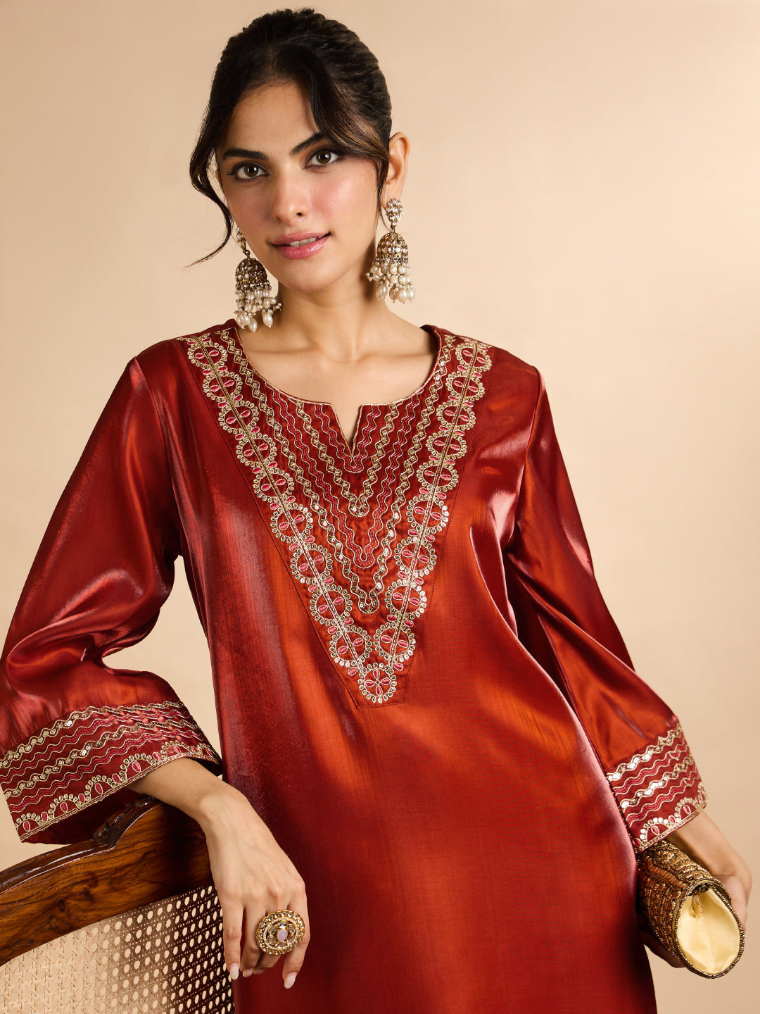 Janasya Women's Rust Silk Blend Sequins Zari Yoke Embroidered Straight Kaftan Kurta