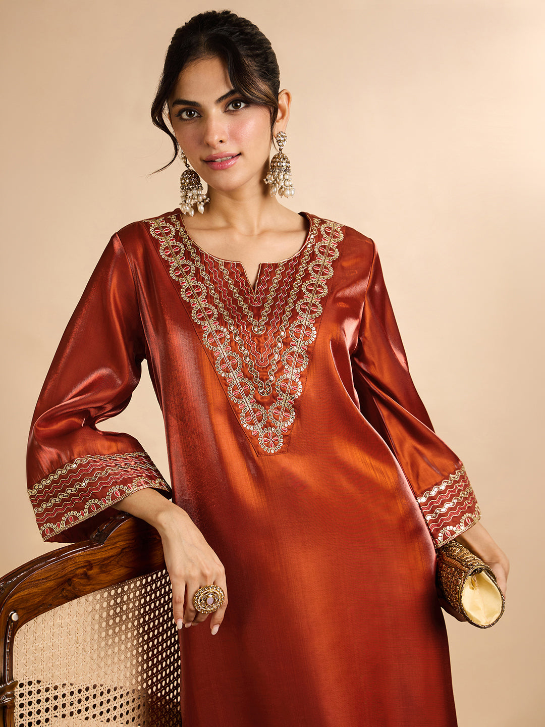 Janasya Women's Rust Silk Blend Sequins Zari Yoke Embroidered Straight Kaftan Kurta