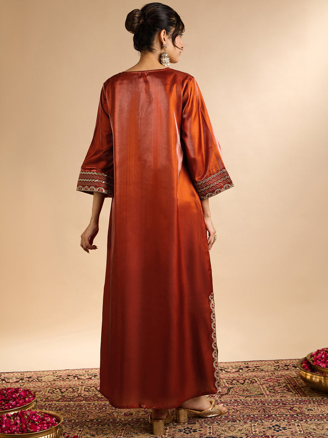 Janasya Women's Rust Silk Blend Sequins Zari Yoke Embroidered Straight Kaftan Kurta