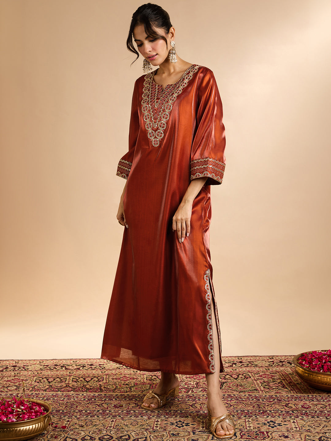 Janasya Women's Rust Silk Blend Sequins Zari Yoke Embroidered Straight Kaftan Kurta