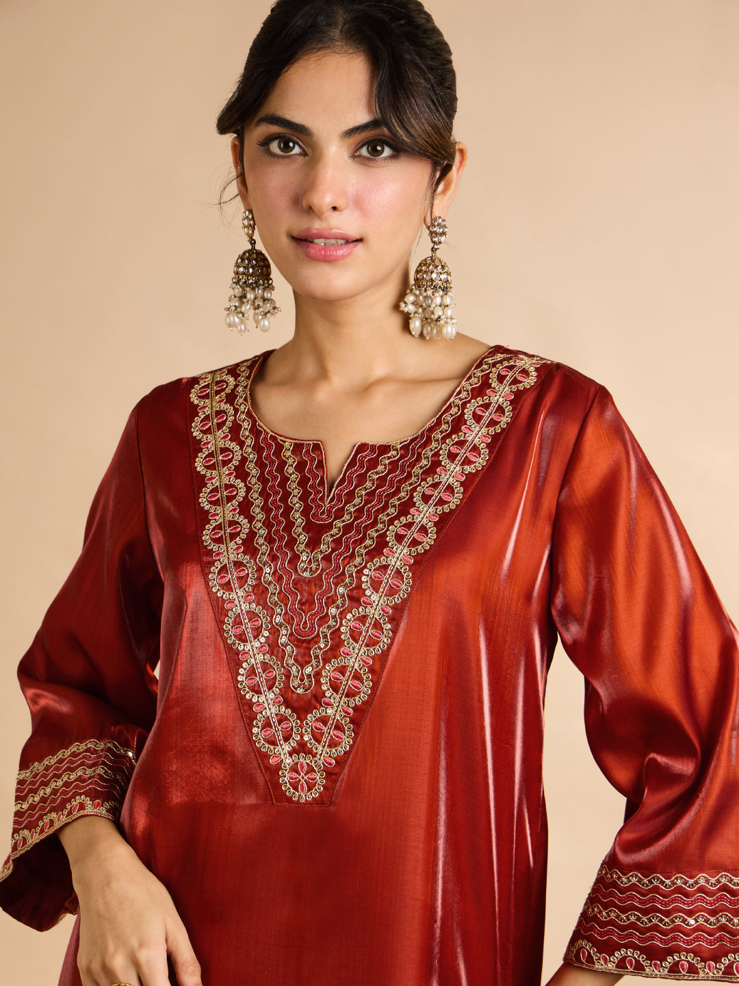 Janasya Women's Rust Silk Blend Sequins Zari Yoke Embroidered Straight Kaftan Kurta