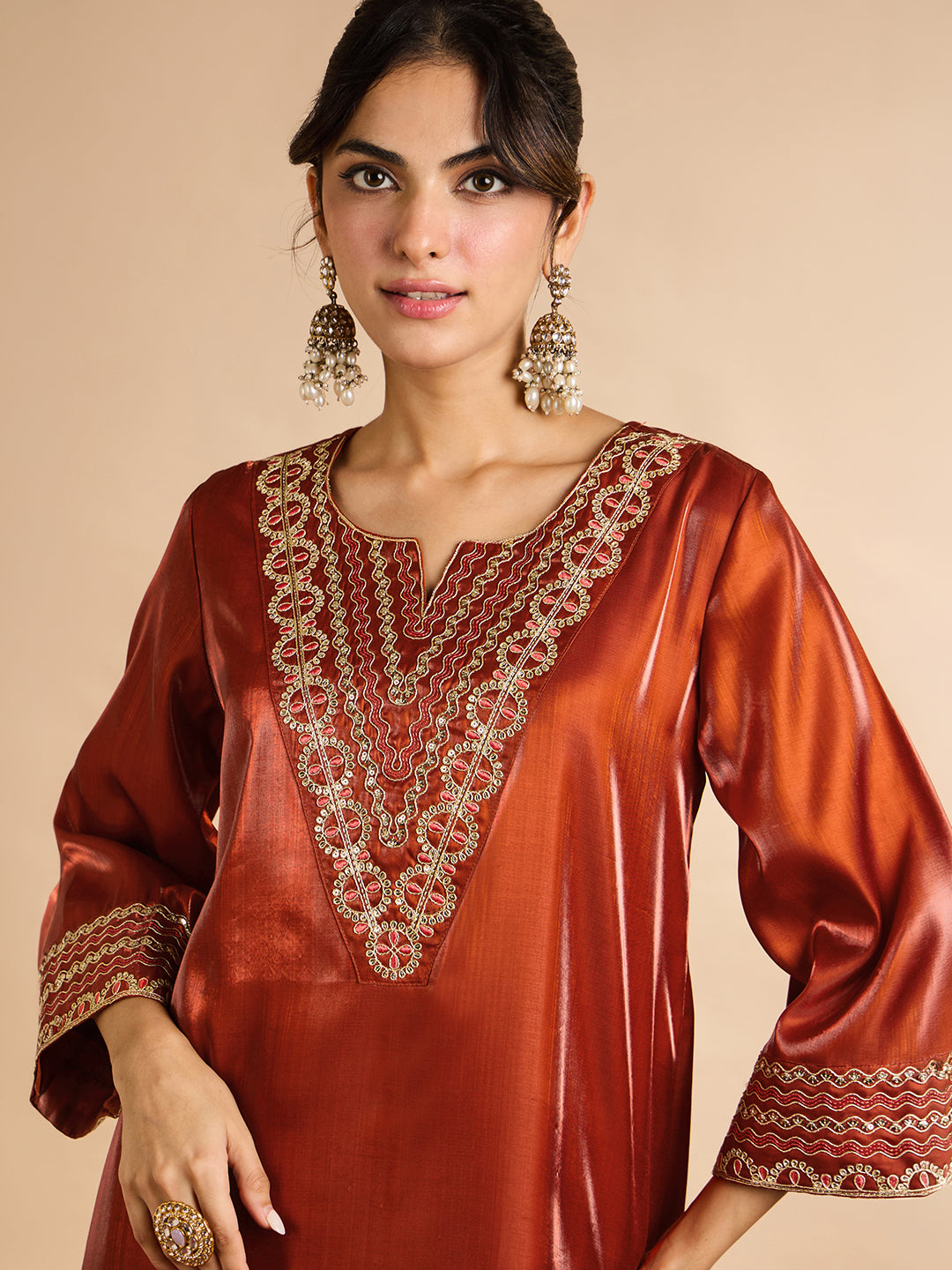 Janasya Women's Rust Silk Blend Sequins Zari Yoke Embroidered Straight Kaftan Kurta