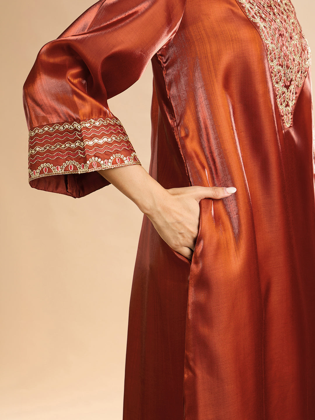 Janasya Women's Rust Silk Blend Sequins Zari Yoke Embroidered Straight Kaftan Kurta
