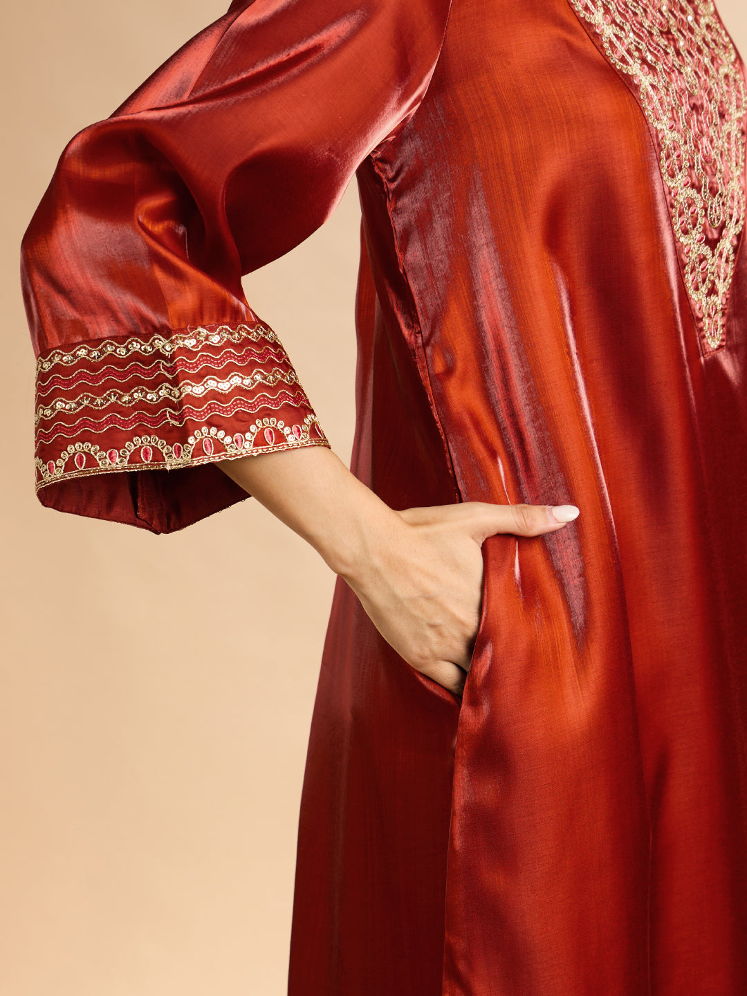 Janasya Women's Rust Silk Blend Sequins Zari Yoke Embroidered Straight Kaftan Kurta