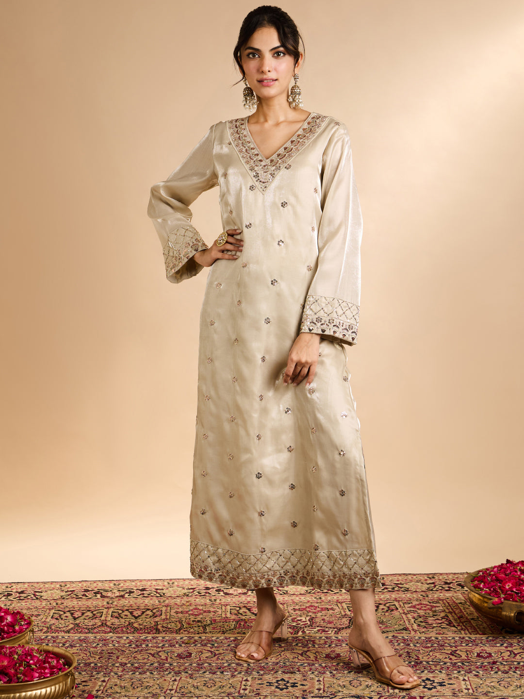 Janasya Women's Champagne Silk Blend Floral Zari Embroidered Straight Kaftan Kurta