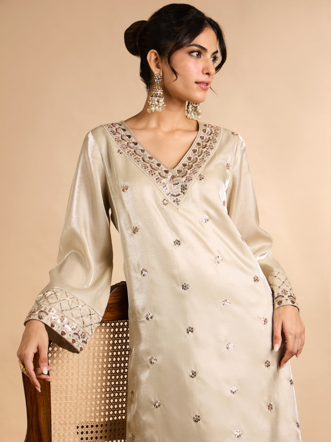 Janasya Women's Champagne Silk Blend Floral Zari Embroidered Straight Kaftan Kurta