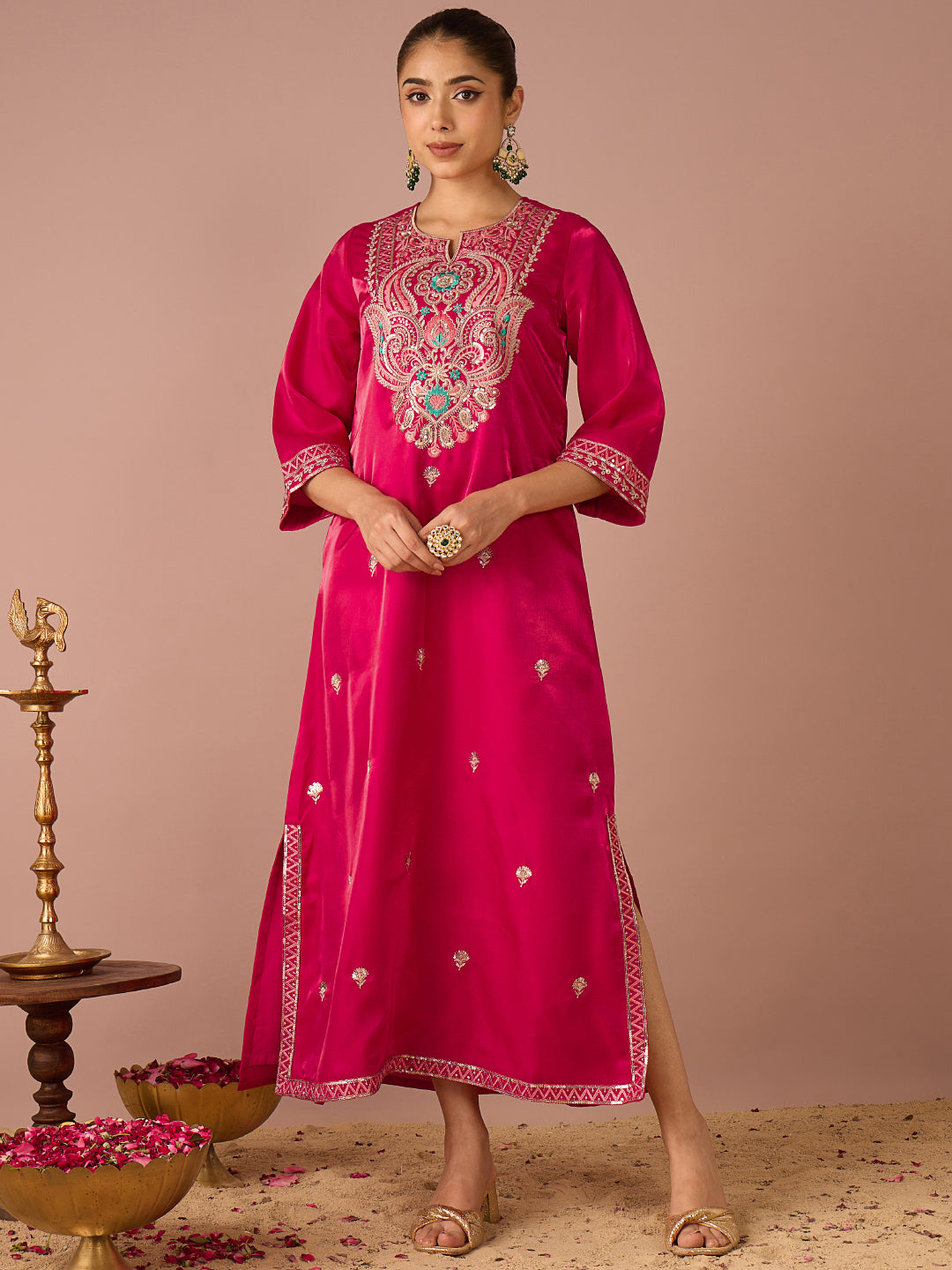 Janasya Women's Pink Silk Blend Floral Sequins Zari Embroidered Straight Kaftan Kurta