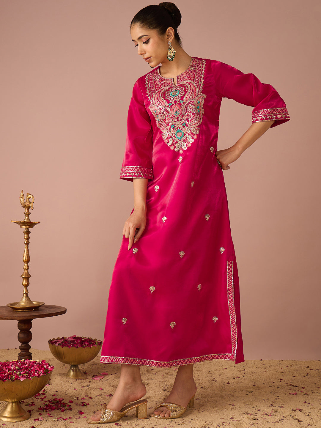Janasya Women's Pink Silk Blend Floral Sequins Zari Embroidered Straight Kaftan Kurta