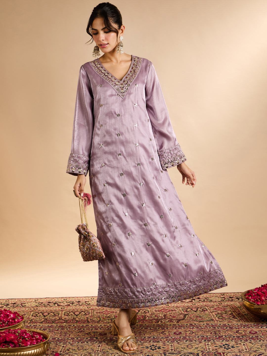 Janasya Women's Lavender Silk Blend Floral Zari Embroidered Straight Kaftan Kurta