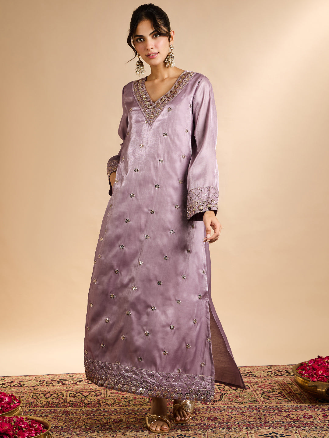Janasya Women's Lavender Silk Blend Floral Zari Embroidered Straight Kaftan Kurta
