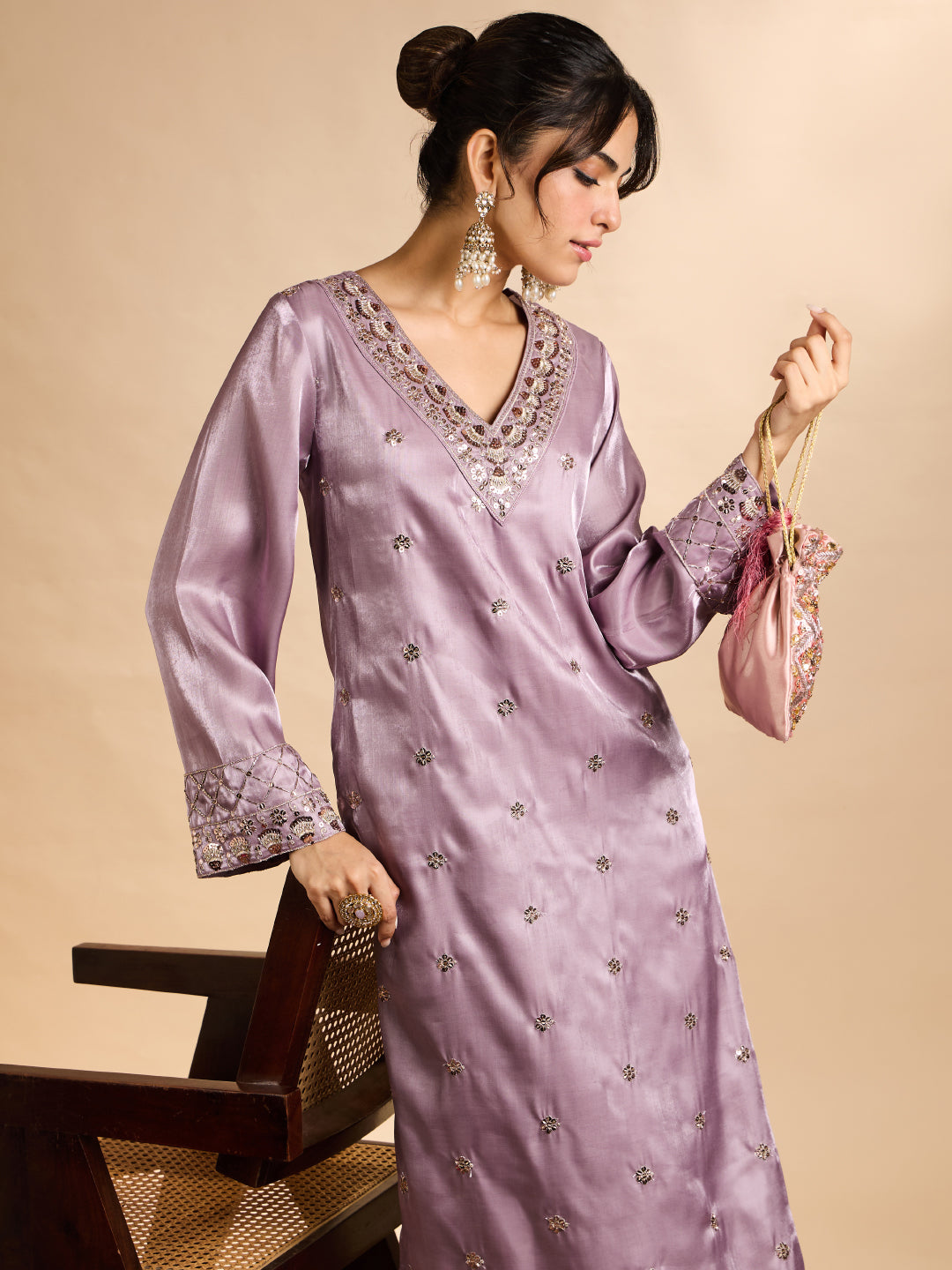 Janasya Women's Lavender Silk Blend Floral Zari Embroidered Straight Kaftan Kurta