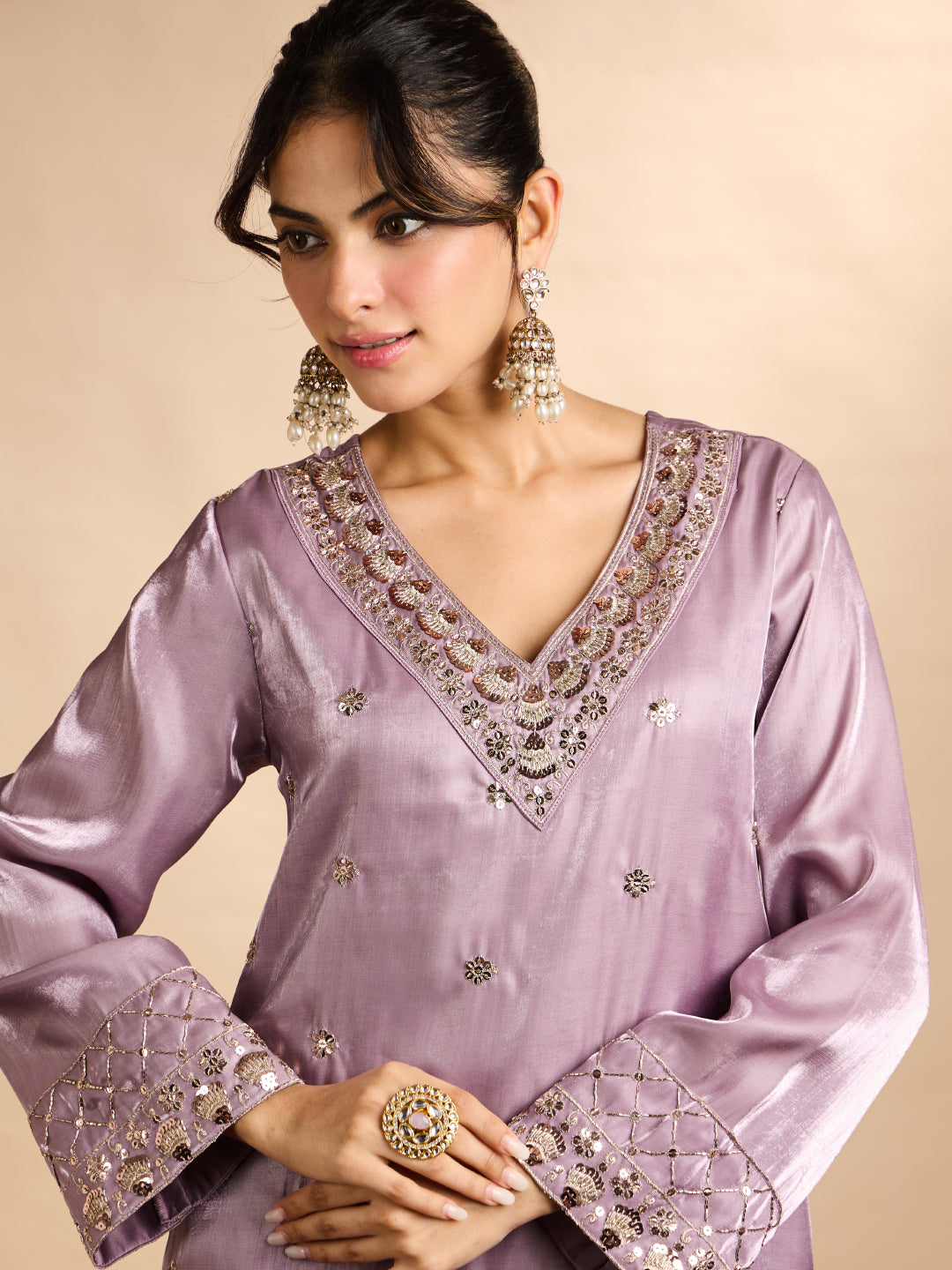 Janasya Women's Lavender Silk Blend Floral Zari Embroidered Straight Kaftan Kurta