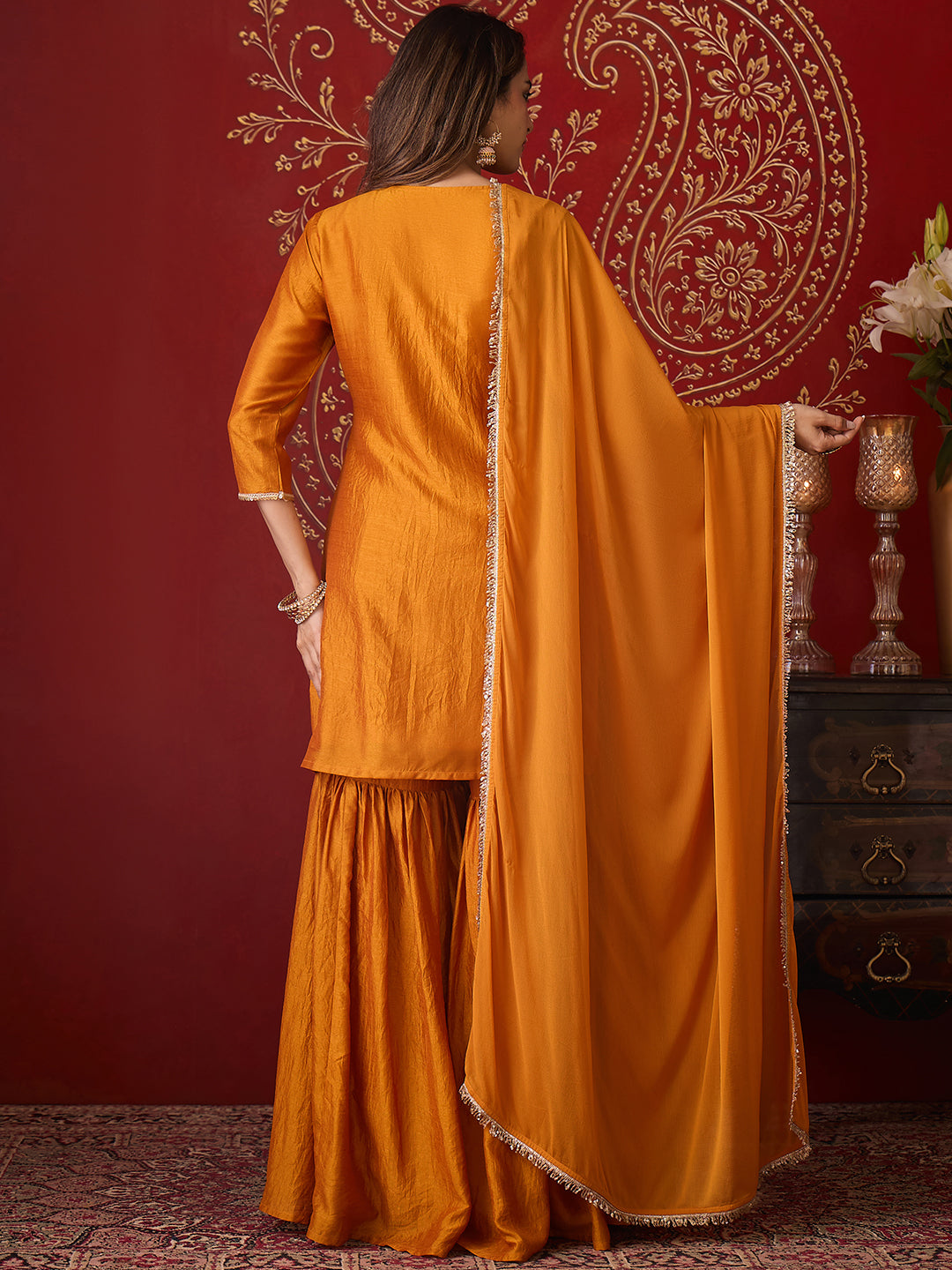 Janasya Women's Mustard Silk Blend Floral Zari Embroidered Straight Kurta with Sharara and Dupatta Set