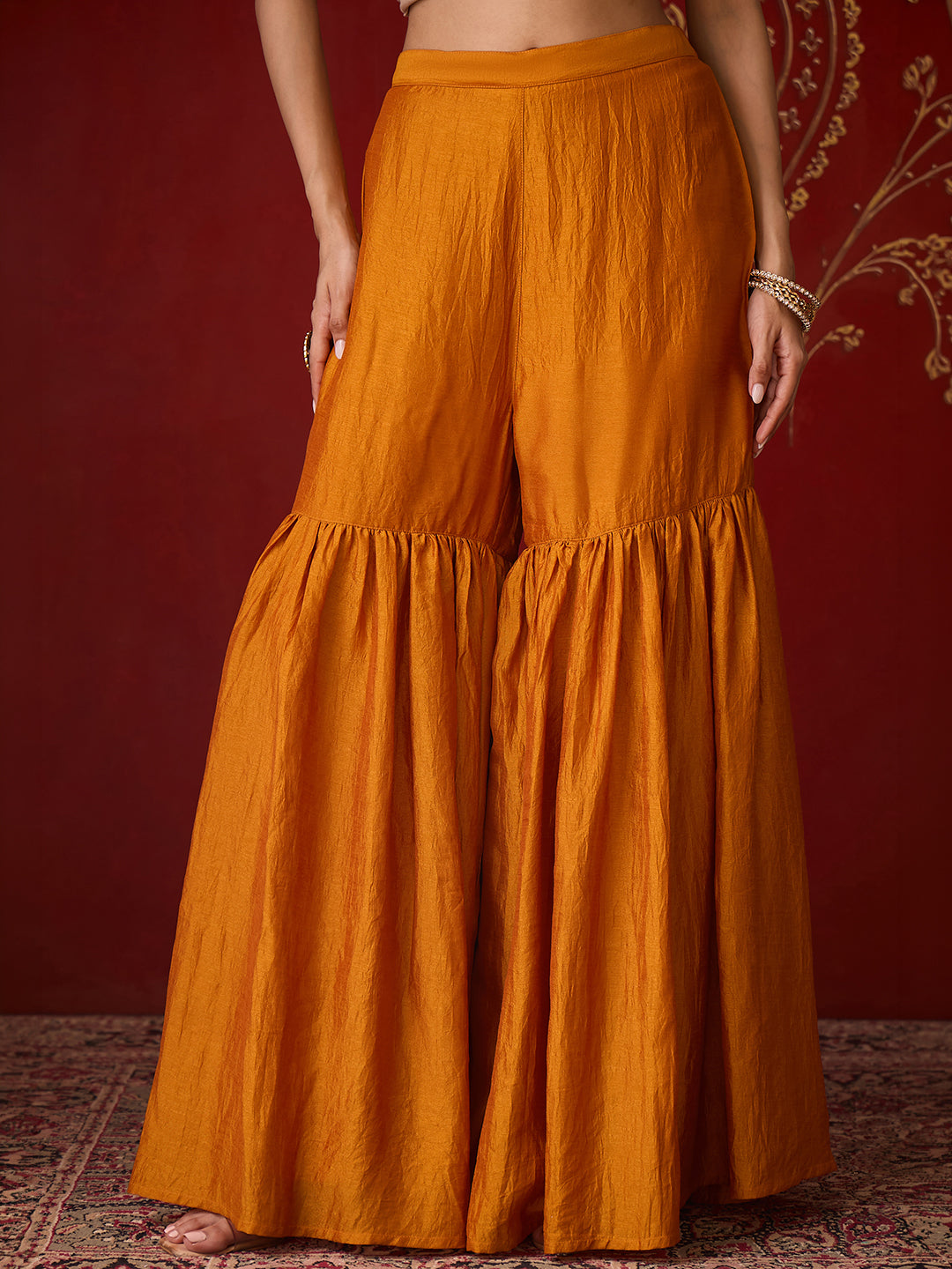 Janasya Women's Mustard Silk Blend Floral Zari Embroidered Straight Kurta with Sharara and Dupatta Set