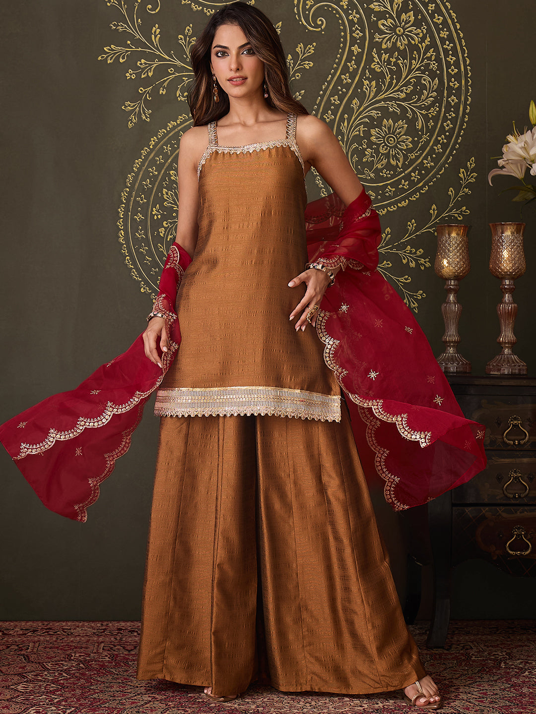 Janasya Women's Bronze Brown Silk Blend Embellished Straight Kurta with Sharara & Dupatta Set