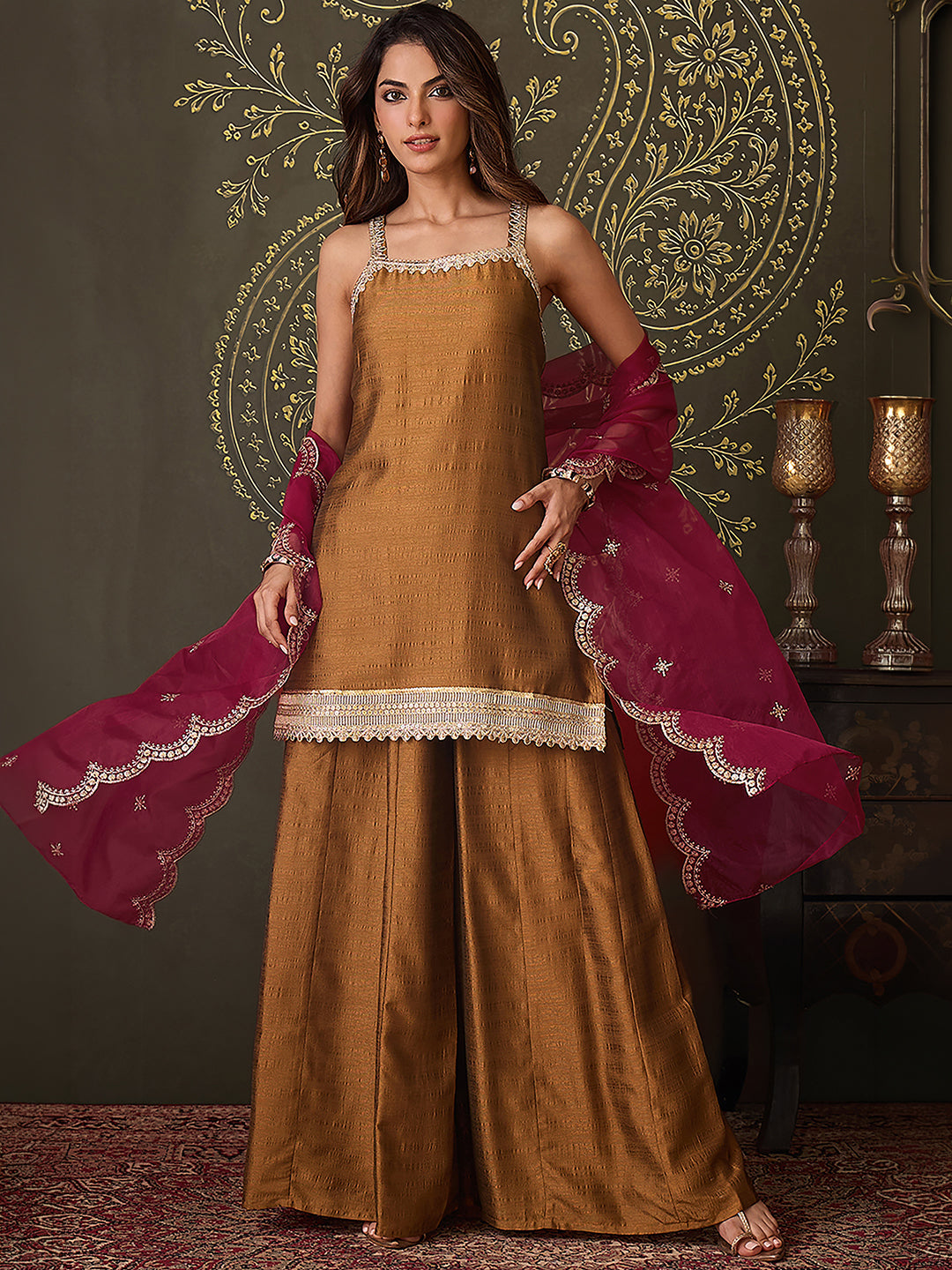 Janasya Women's Bronze Brown Silk Blend Embellished Straight Kurta with Sharara & Dupatta Set