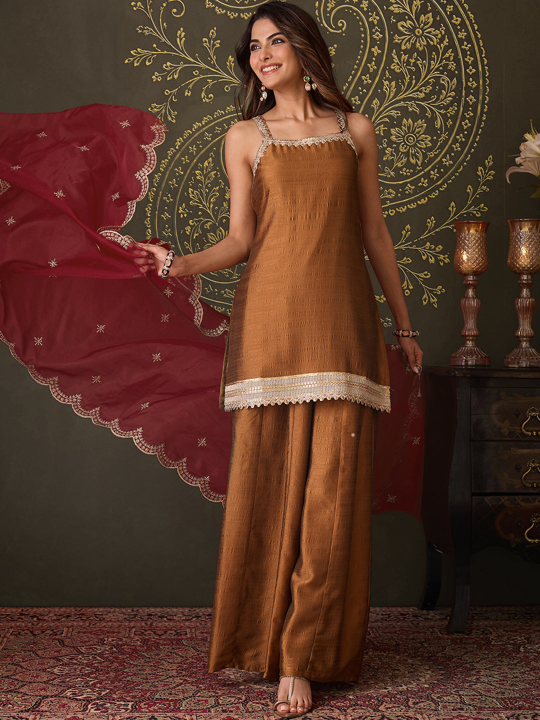 Janasya Women's Bronze Brown Silk Blend Embellished Straight Kurta with Sharara & Dupatta Set