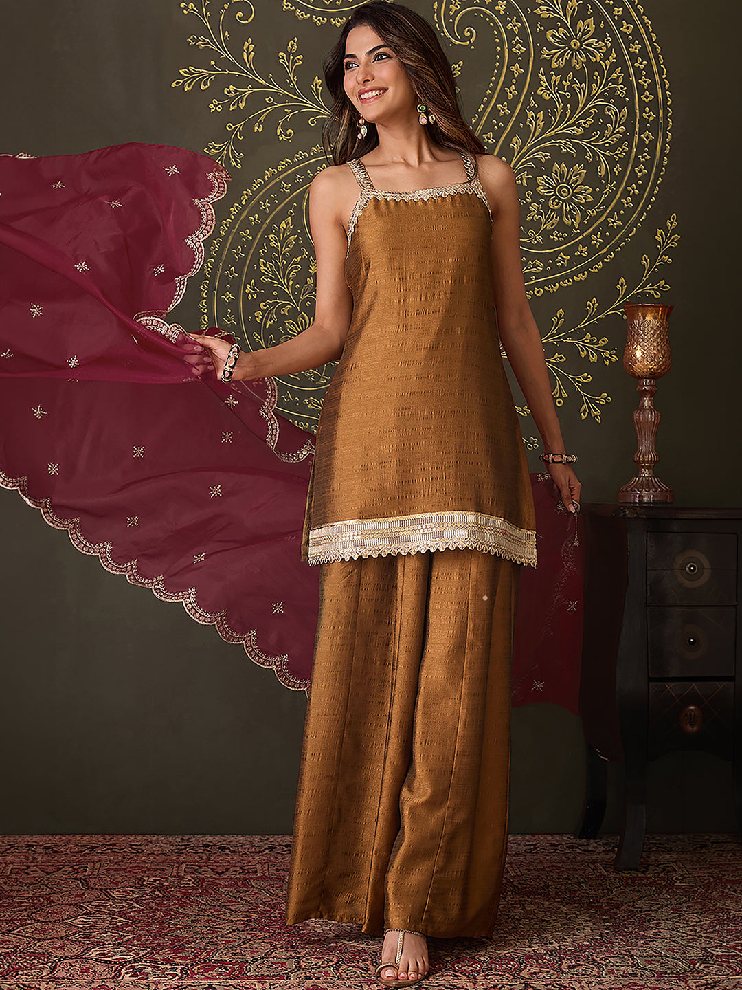Janasya Women's Bronze Brown Silk Blend Embellished Straight Kurta with Sharara & Dupatta Set