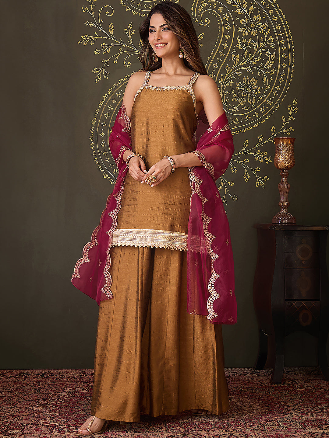 Janasya Women's Bronze Brown Silk Blend Embellished Straight Kurta with Sharara & Dupatta Set