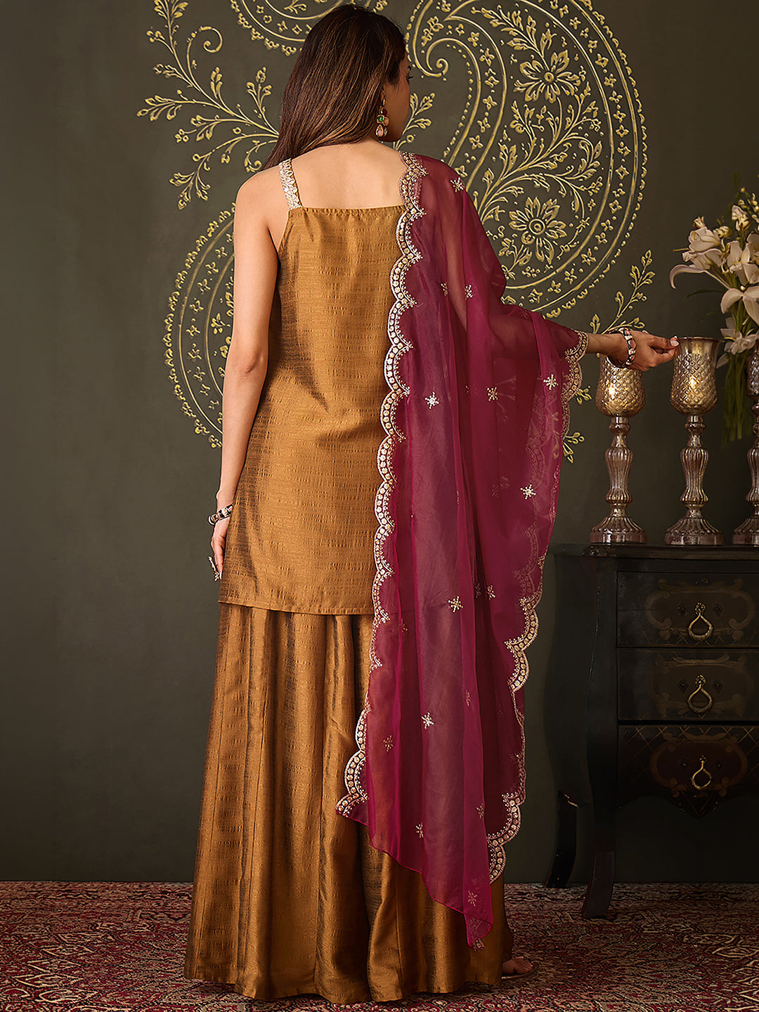 Janasya Women's Bronze Brown Silk Blend Embellished Straight Kurta with Sharara & Dupatta Set