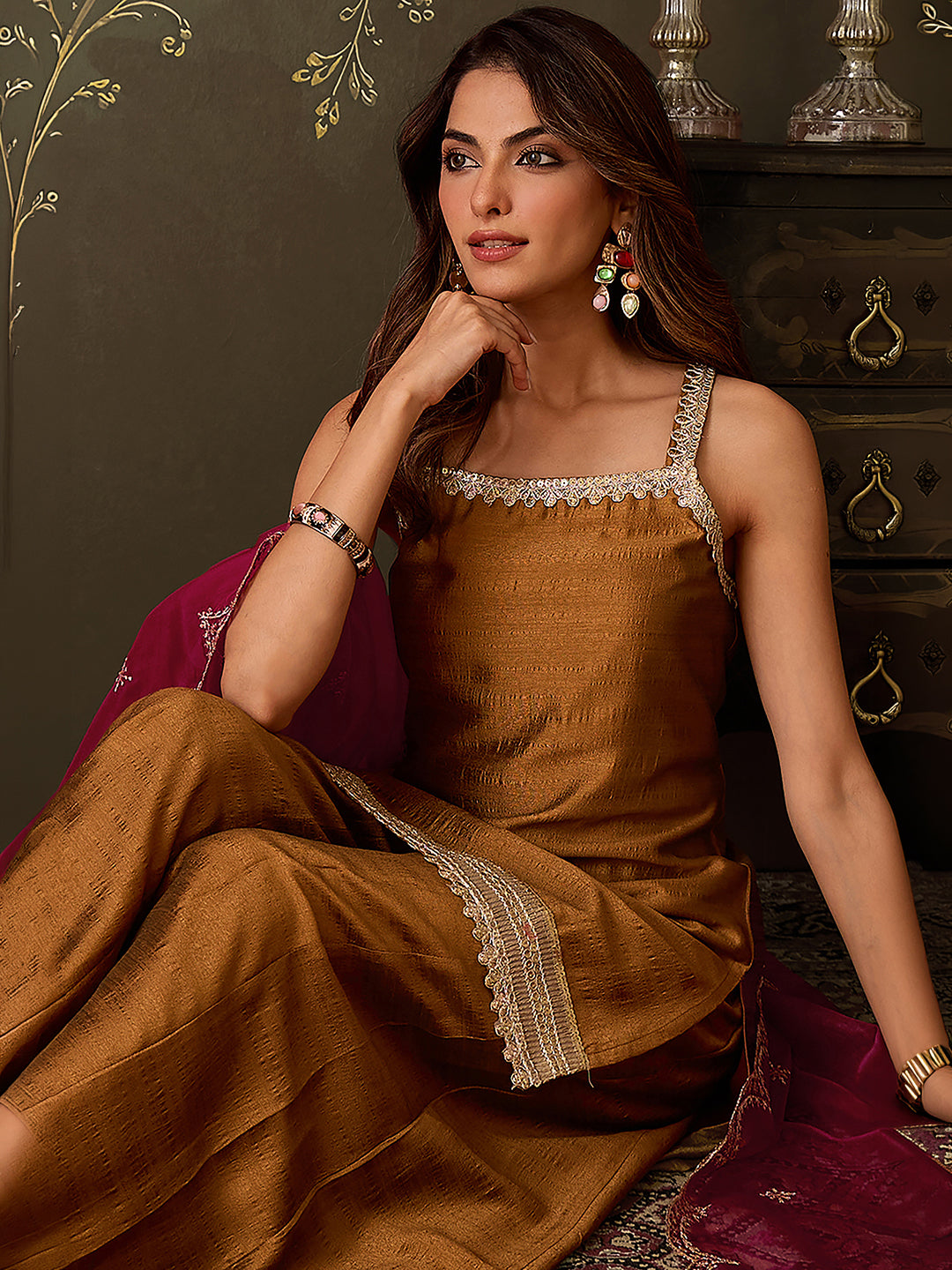 Janasya Women's Bronze Brown Silk Blend Embellished Straight Kurta with Sharara & Dupatta Set