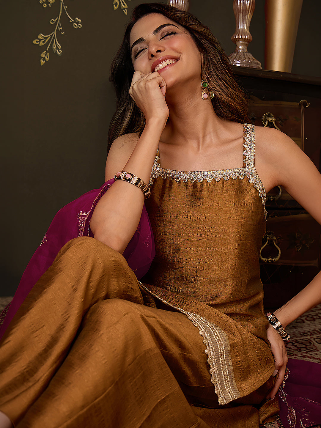 Janasya Women's Bronze Brown Silk Blend Embellished Straight Kurta with Sharara & Dupatta Set