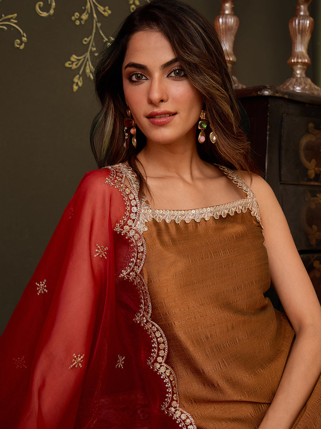 Janasya Women's Bronze Brown Silk Blend Embellished Straight Kurta with Sharara & Dupatta Set