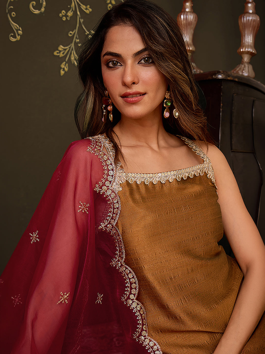 Janasya Women's Bronze Brown Silk Blend Embellished Straight Kurta with Sharara & Dupatta Set