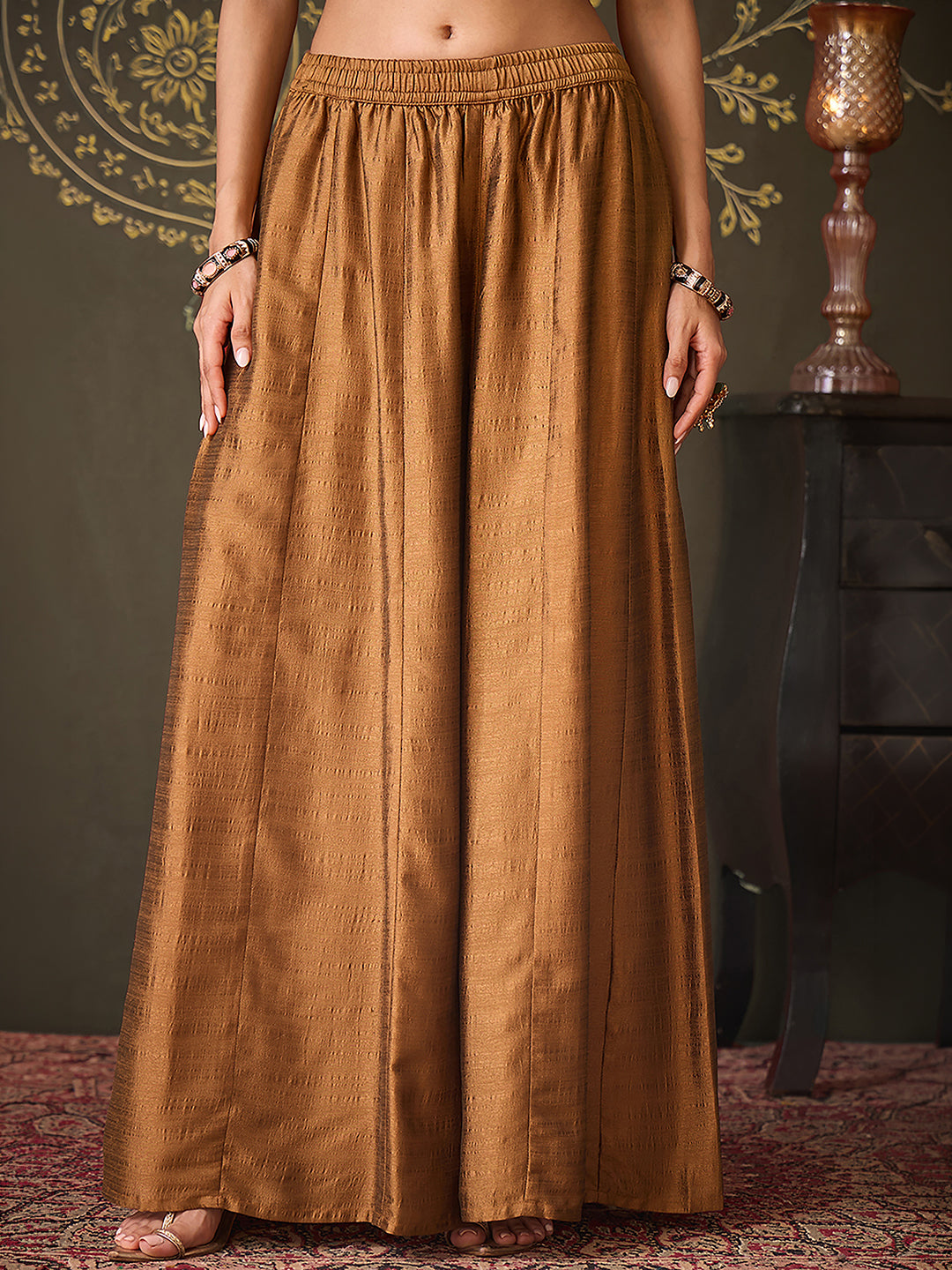 Janasya Women's Bronze Brown Silk Blend Embellished Straight Kurta with Sharara & Dupatta Set