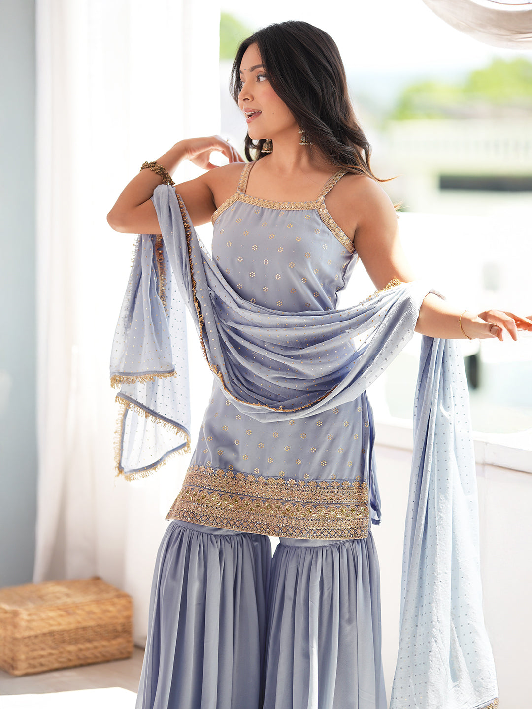 Janasya Women's Grey Blue Georgette Floral Embroidered Gold Foil Printed Straight Kurta with Sharara and Dupatta Set