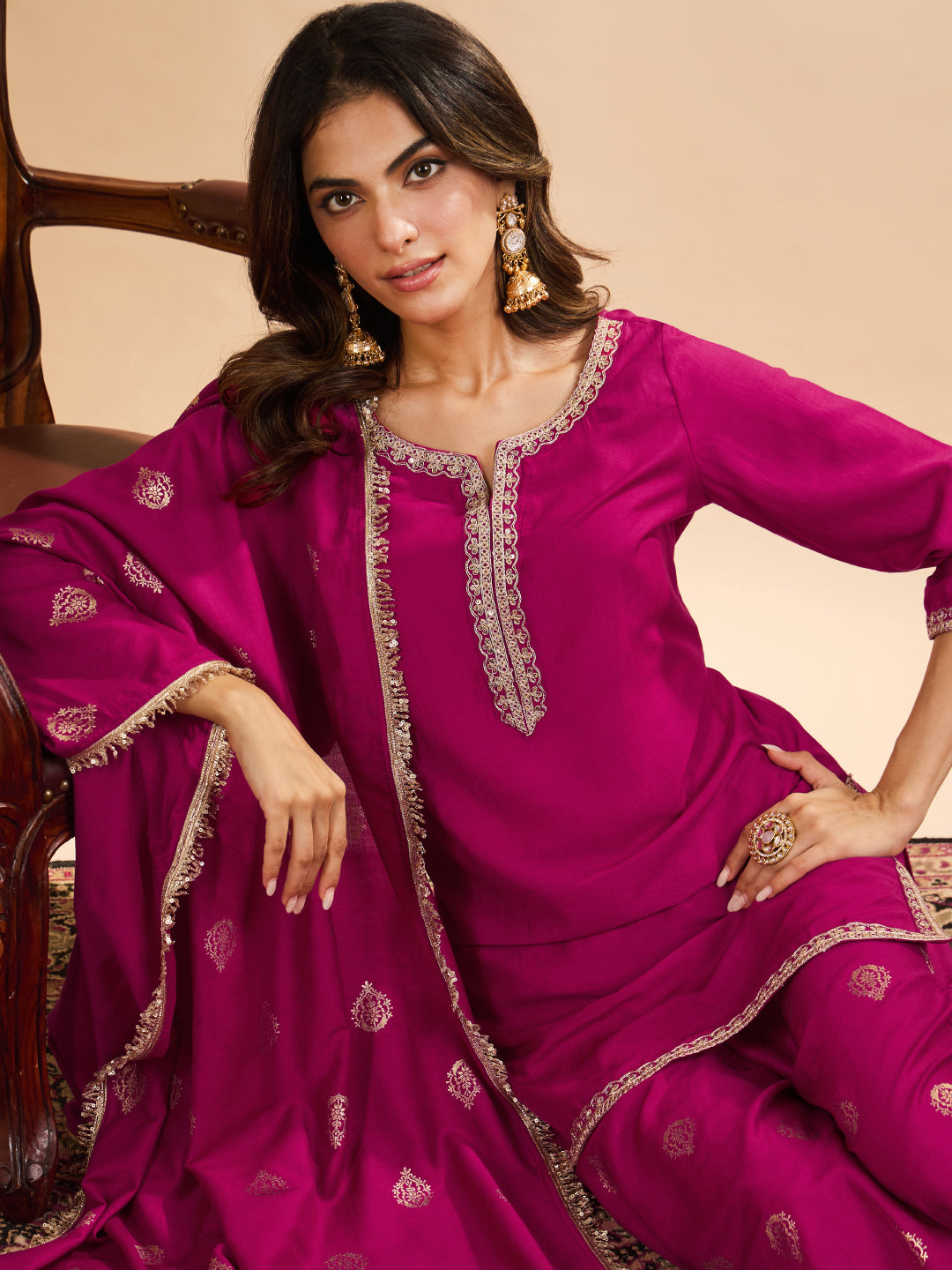 Janasya Women's Magenta Muslin Zari Embroidered Foil Printed Straight Kurta with Palazzo And Dupatta Set