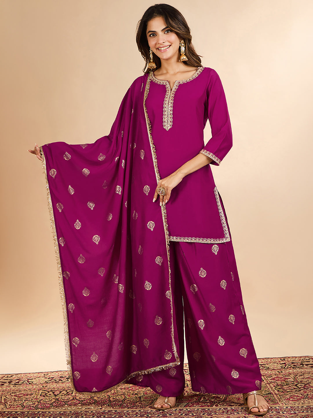 Janasya Women's Magenta Muslin Zari Embroidered Foil Printed Straight Kurta with Palazzo And Dupatta Set