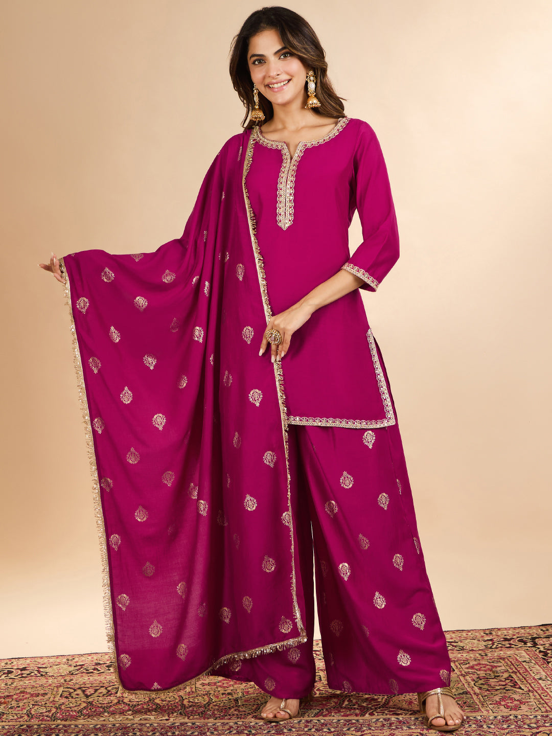 Janasya Women's Magenta Muslin Zari Embroidered Foil Printed Straight Kurta with Palazzo And Dupatta Set